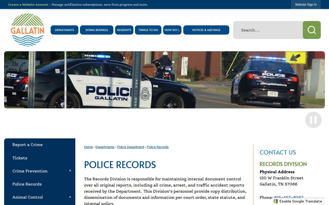 Gallatin Police Records Division page for Sumner County arrest report requests