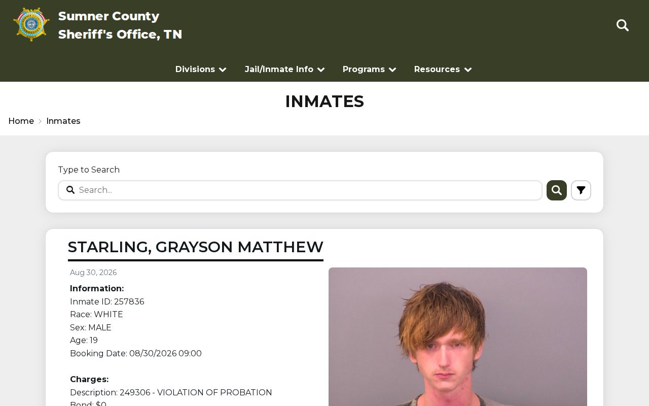 Sumner County Jail roster official booking-record search interface